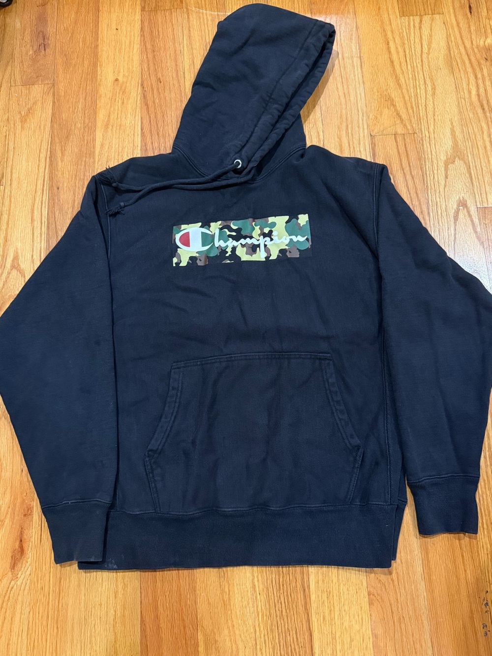 Champion Reverse Weave Black Hoodie Camo Box Logo Men's Large